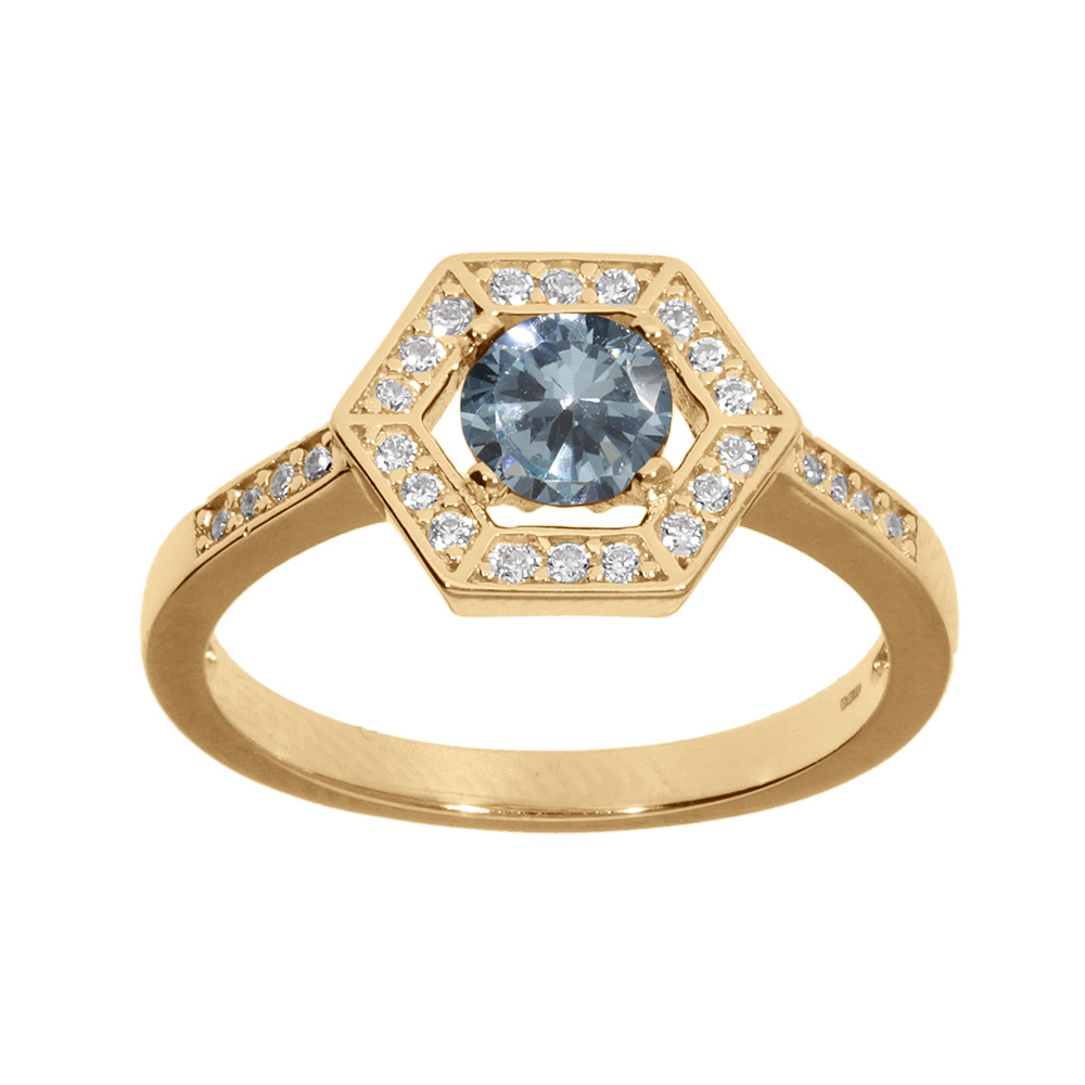 Bague en vermeil avec oxyde bleu ciel et contour d\'oxydes blancs - Vue 1