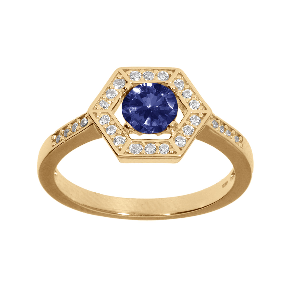 Bague en vermeil avec oxyde bleu et contour d\'oxydes blancs - Vue 1