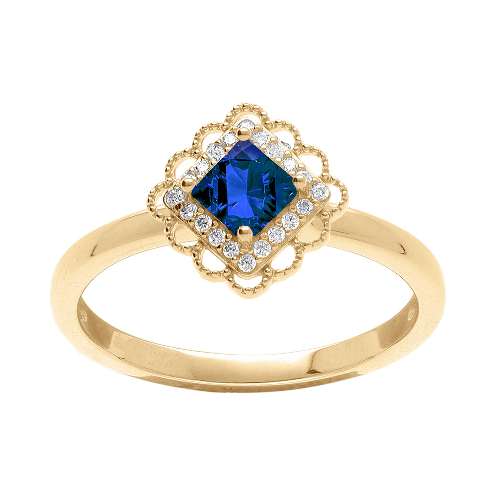 Bague en vermeil avec oxyde carr� bleu serti et halo d\'oxydes blancs - Vue 1