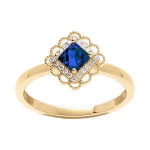 Bague en vermeil avec oxyde carr� bleu serti et halo d'oxydes blancs