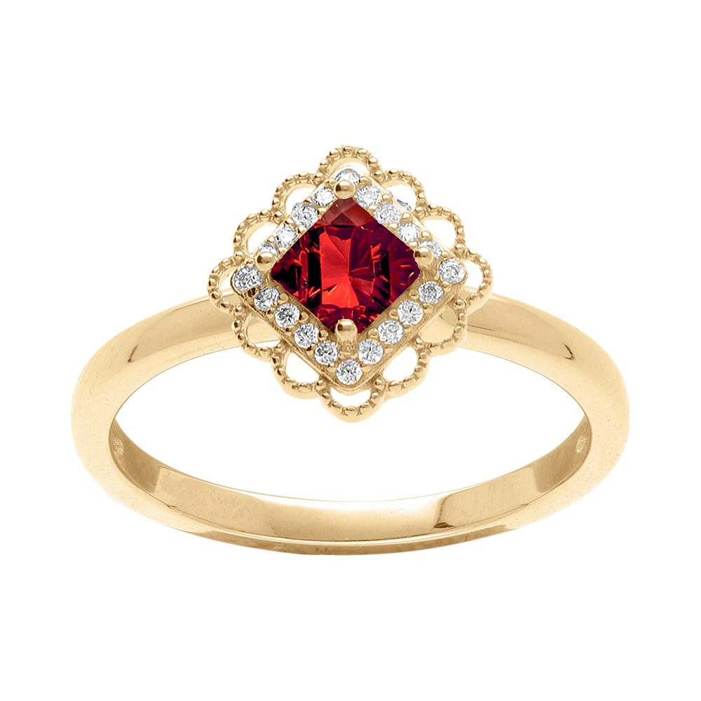 Bague en vermeil avec oxyde carr� rouge serti et  halo d\'oxydes blancs - Vue 1