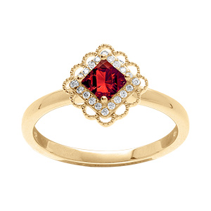 Bague en vermeil avec oxyde carr� rouge serti et  halo d'oxydes blancs