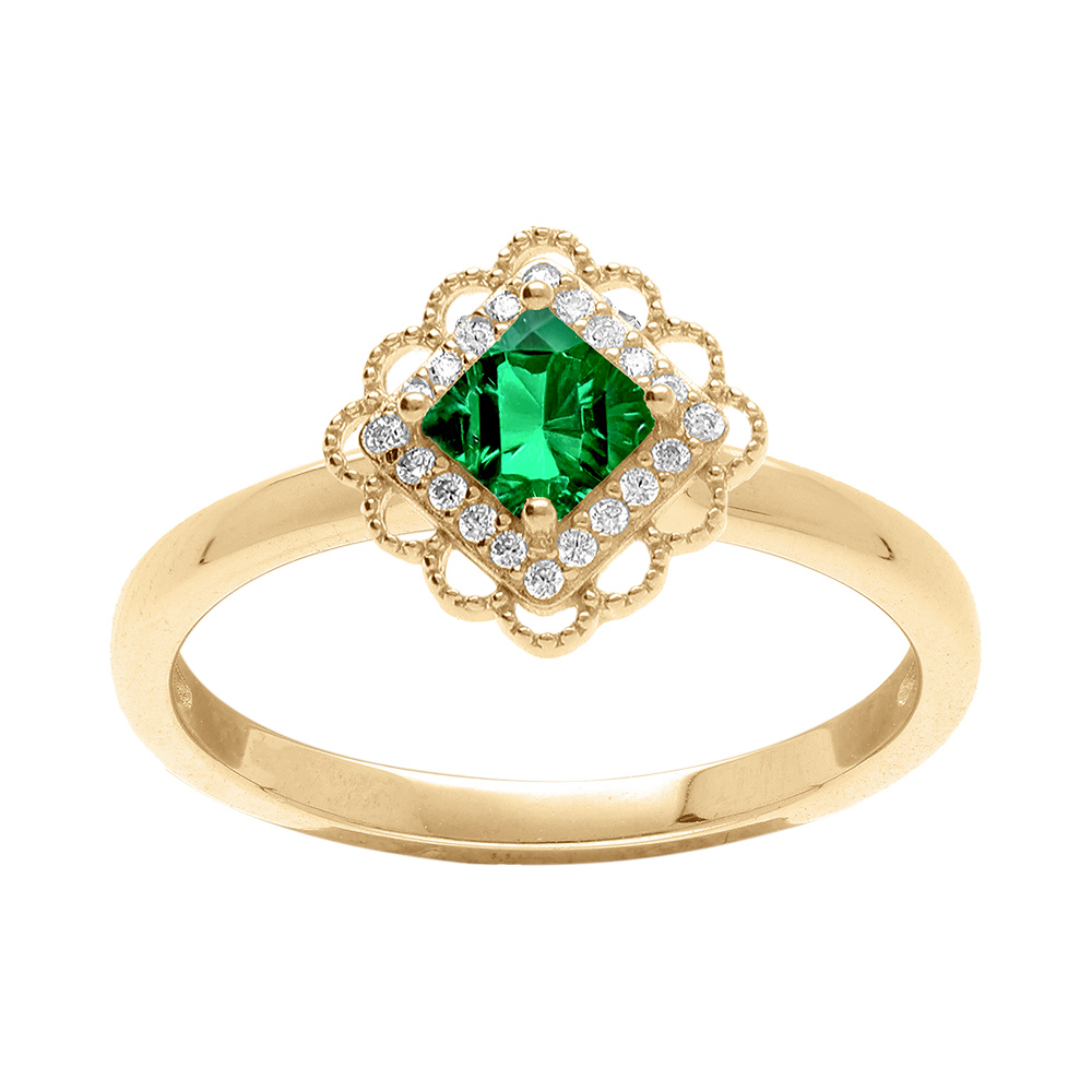 Bague en vermeil avec oxyde carr� vert serti et  halo d\'oxydes blancs - Vue 1