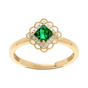 Bague en vermeil avec oxyde carr� vert serti et  halo d'oxydes blancs