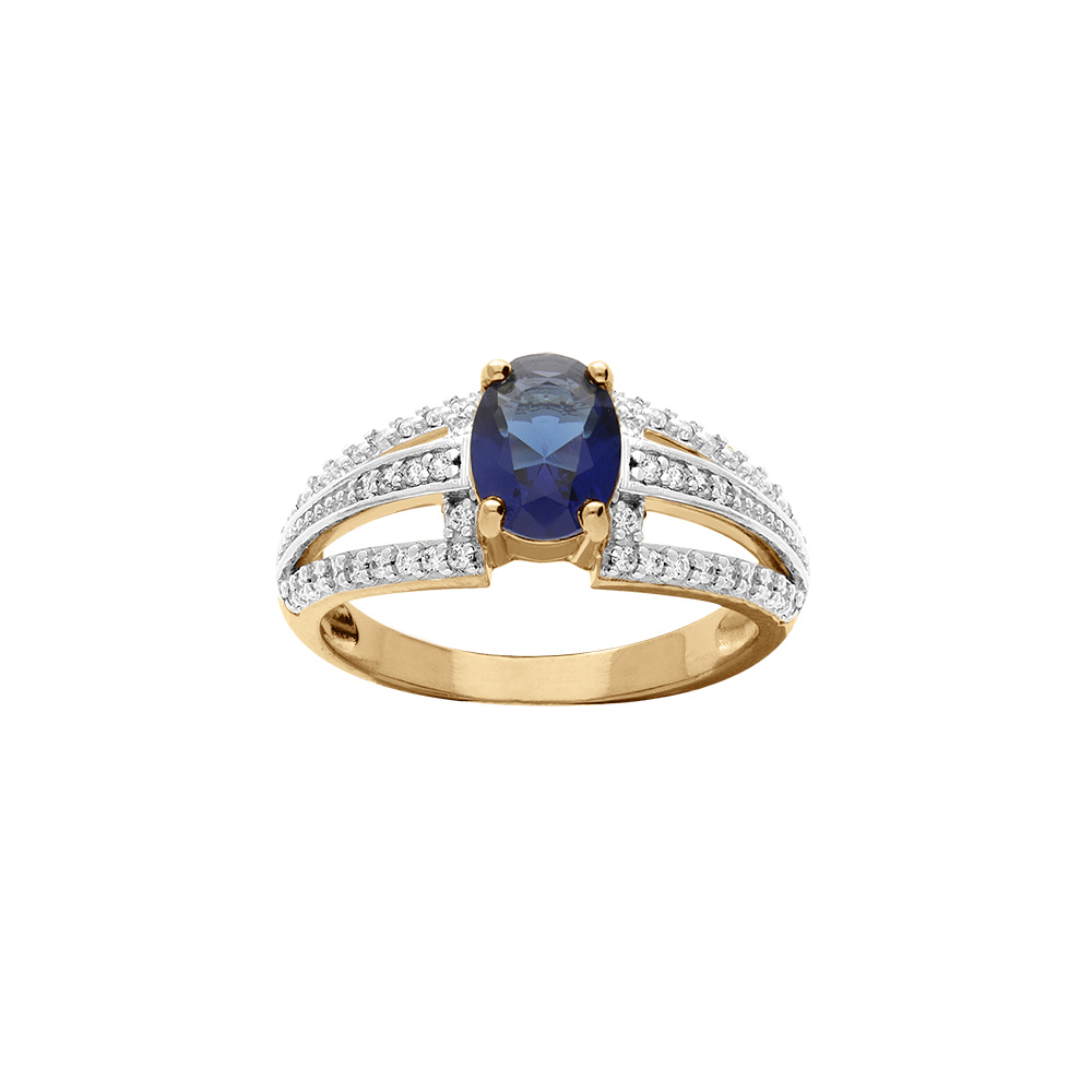 Bague en vermeil avec oxyde central bleu et trois rails d\'oxydes blancs sertis - Vue 1