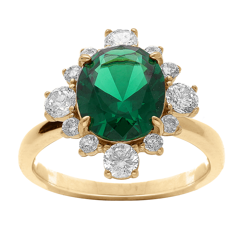 Bague en vermeil avec oxyde central vert et contour d\'oxydes blancs sertis - Vue 1