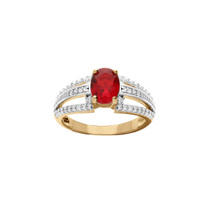 Bague en vermeil avec oxyde rouge central et trois rails d\'oxydes blancs sertis - Vue 1