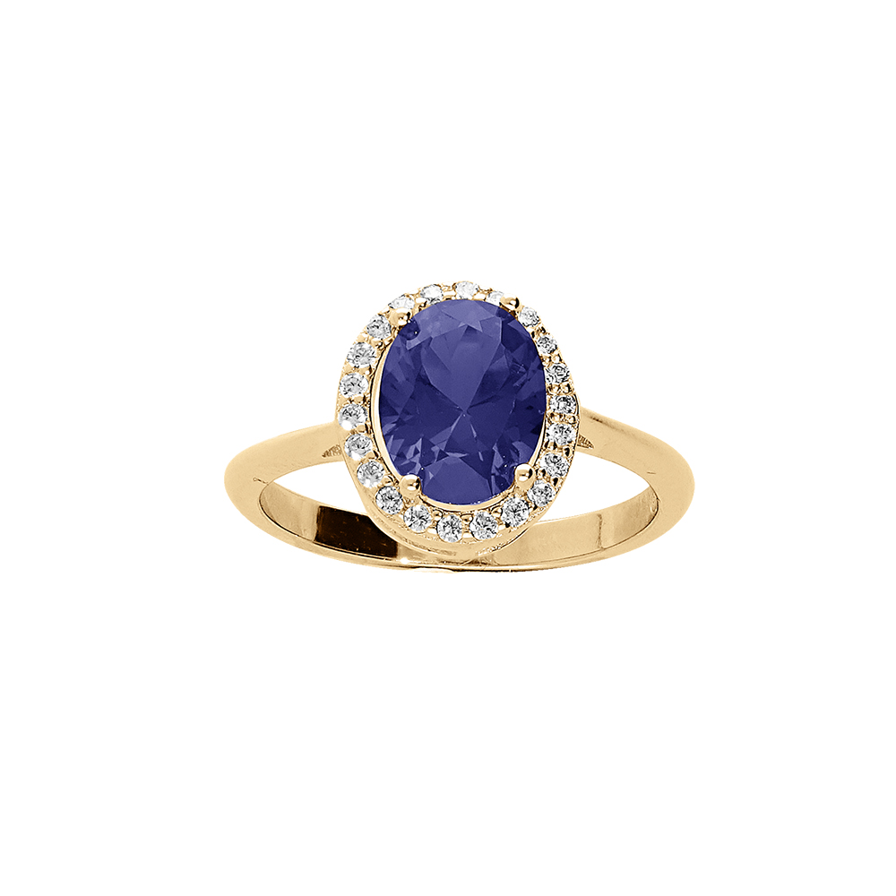 Bague en vermeil avec pierre centrale bleue et contour d\'oxydes blancs sertis - Vue 1
