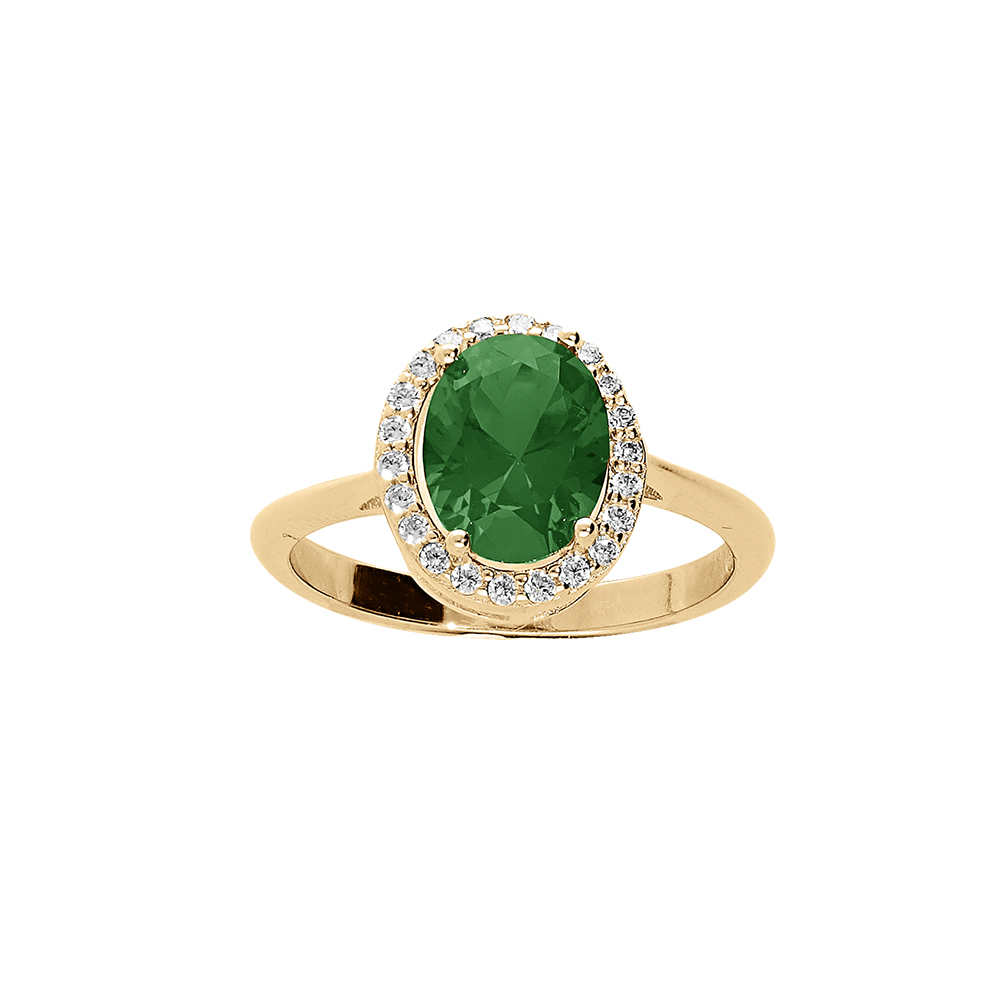 Bague en vermeil avec pierre centrale verte et contour d\'oxydes blancs sertis - Vue 1