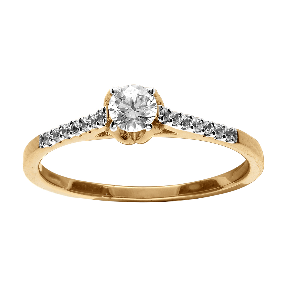 Bague en vermeil avec solitaire central blanc 3,8mm et oxydes blancs sertis sur 1/2 rails - Vue 1