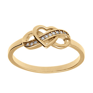 Bague en vermeil avec un coeur entreml d'un symbole infini et la partie avant orne d'oxydes blancs sertis