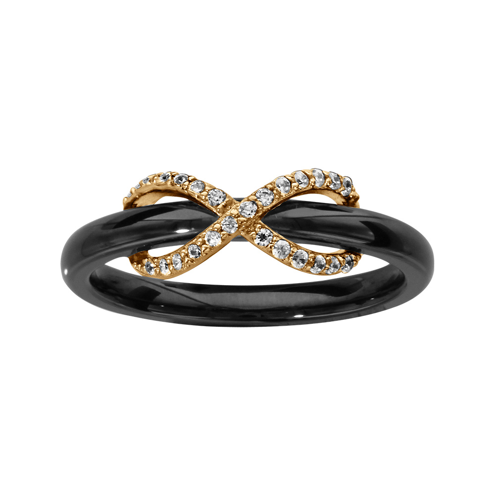 Bague en vermeil c�ramique noire avec oxydes blancs sertis - Vue 1