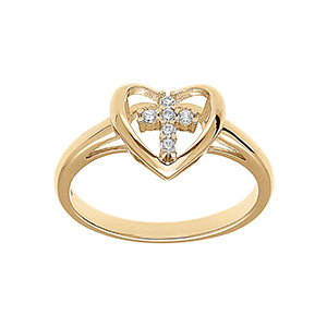 Bague en vermeil coeur avec croix d'oxydes blancs sertis - 9x10mm