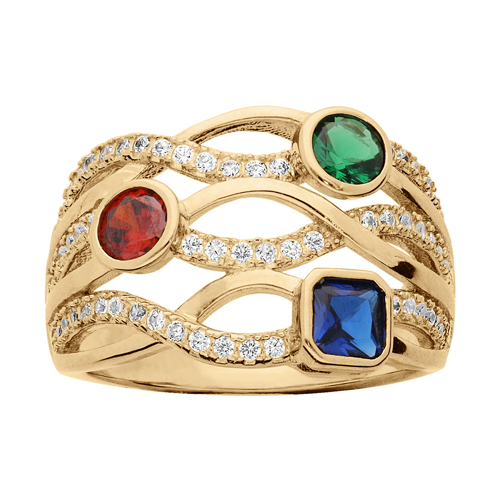 Bague en vermeil crois�e avec trois oxydes de couleur - Vue 1