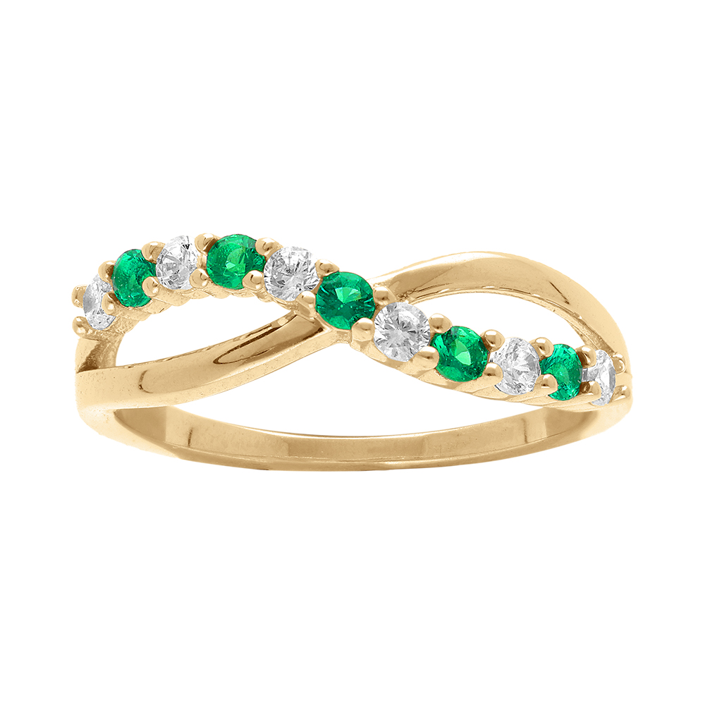 Bague en vermeil crois�e et demi rang d\'oxydes verts et blancs sertis - Vue 1