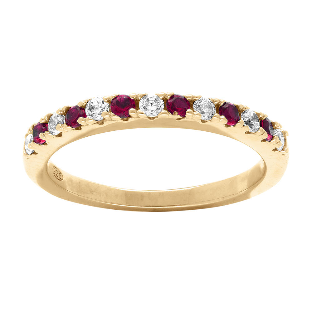 Bague en vermeil demi alliance par�e d\'oxydes rouges et blancs sertis - Vue 1