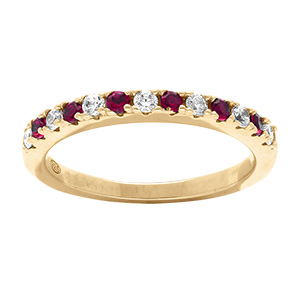Bague en vermeil demi alliance pare d'oxydes rouges et blancs sertis