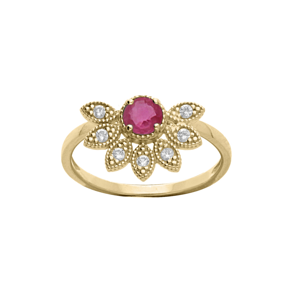 Bague en vermeil demi fleur de Rubis v�ritable et topazes blanches - Vue 1