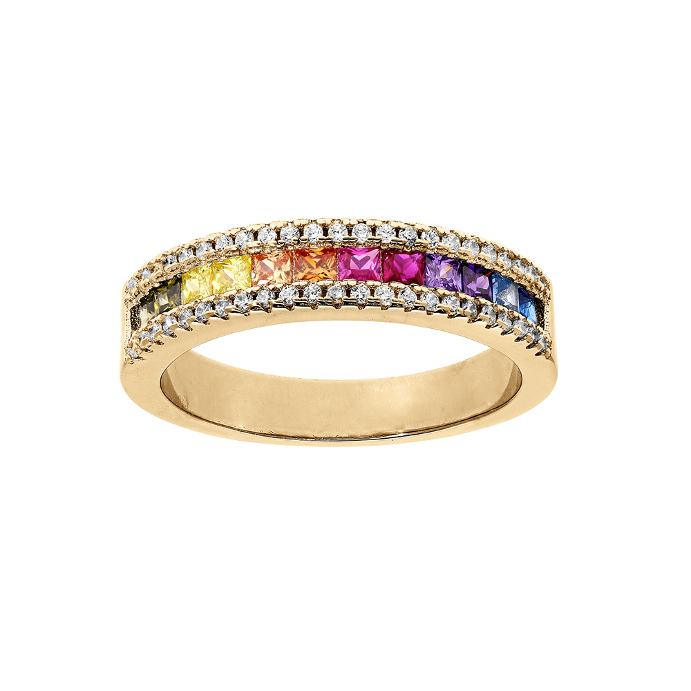 Bague en vermeil demi rail empierrs multi couleurs et oxydes blancs sertis - Vue 1