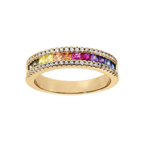 Bague en vermeil demi rail empierrés multi couleurs et oxydes blancs sertis - Vue 1