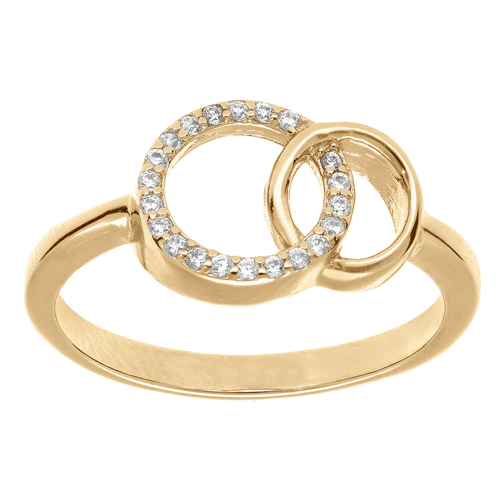 Bague en vermeil deux cercles entrelac�s un lisse et l\'autre par� d\'oxydes blancs sertis - Vue 1