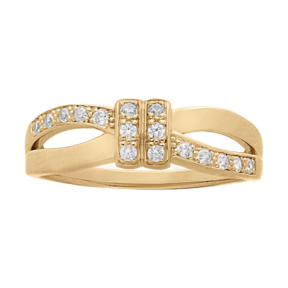 Bague en vermeil  deux rubans crois�s sertis d\' oxydes blancs et un motif central g�om�trique  - grand diam�tre - Vue 1