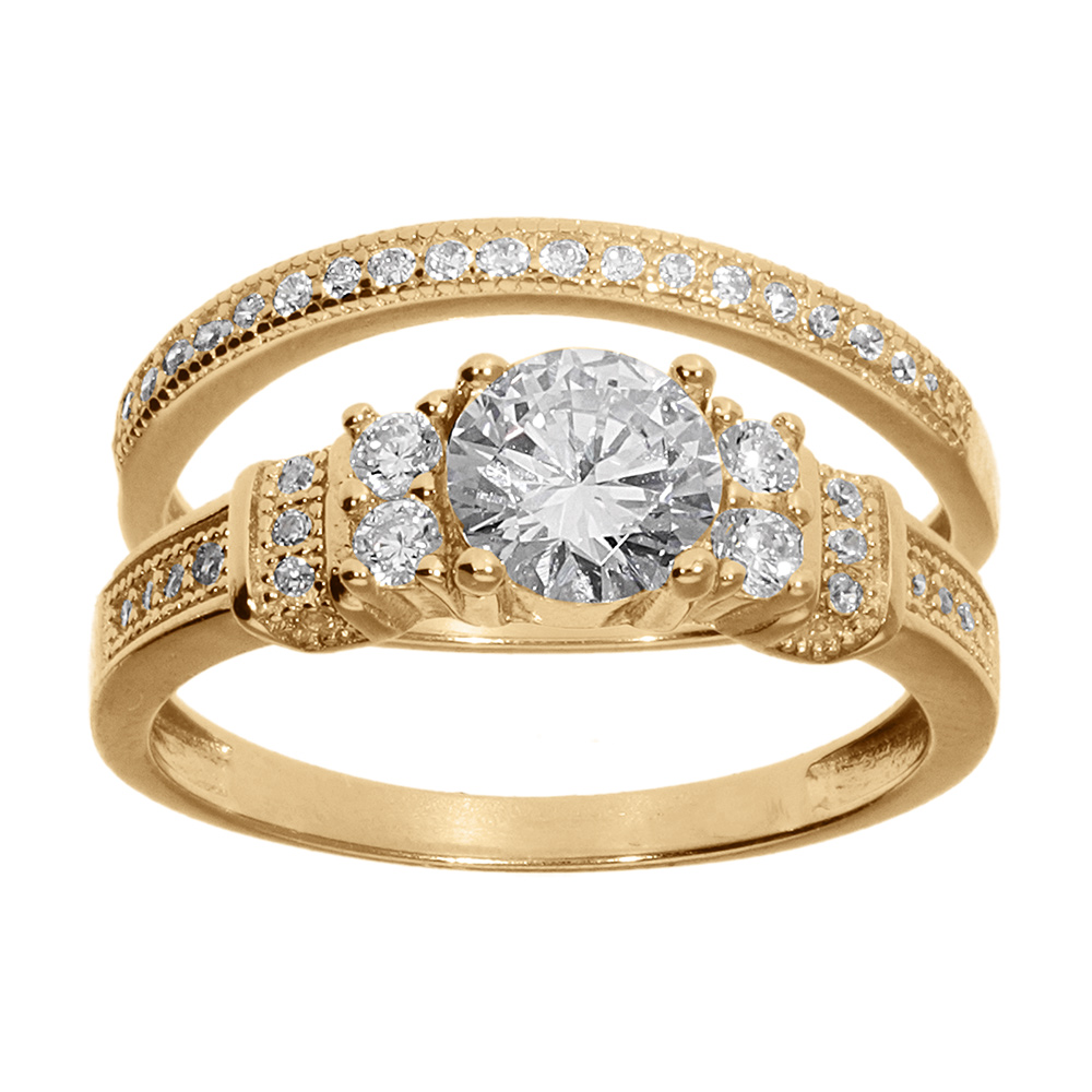 Bague en vermeil double anneau avec oxyde central et pavage d\'oxydes blancs - Vue 1