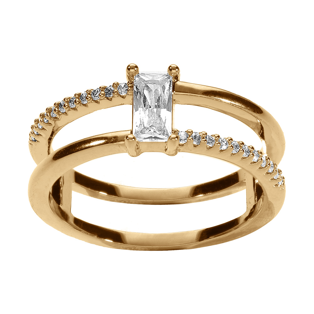 Bague en vermeil double anneau avec pierre centrale baguette et oxydes - Vue 1