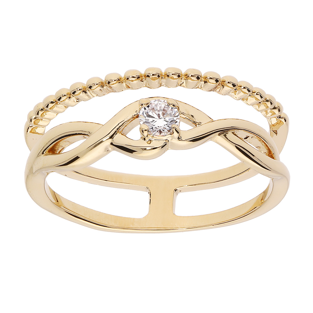 Bague en vermeil double anneau icrois� avec  oxyde blanc sertis et anneau perl� - Vue 1
