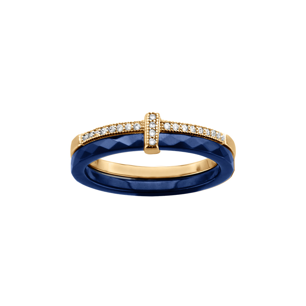Bague en vermeil double anneau un cramique bleu un rail d\'oxydes blancs sertis - Vue 1