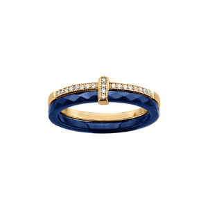 Bague en vermeil double anneau un céramique bleu un rail d\'oxydes blancs sertis - Vue 1