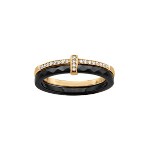 Bague en vermeil double anneau un céramique facette noir unrail d\'oxydes micro blancs sertis - Vue 1