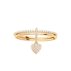 Bague en vermeil double anneau un lisse et un rail d\'oxydes blancs sertis avec pampille coeur d\'oxydes blancs sertis - Vue 1