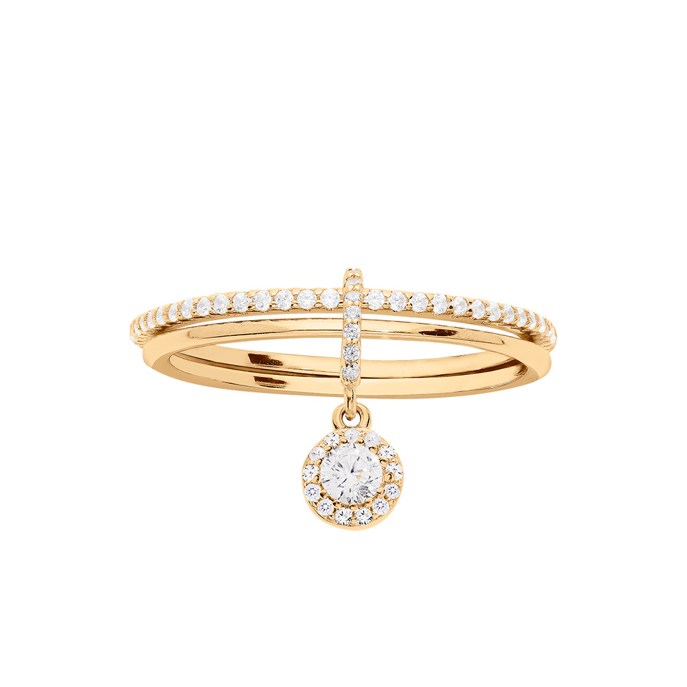 Bague en vermeil double anneau un lisse et un rail d\'oxydes blancs sertis avec pampille d\'oxydes blancs sertis - Vue 1