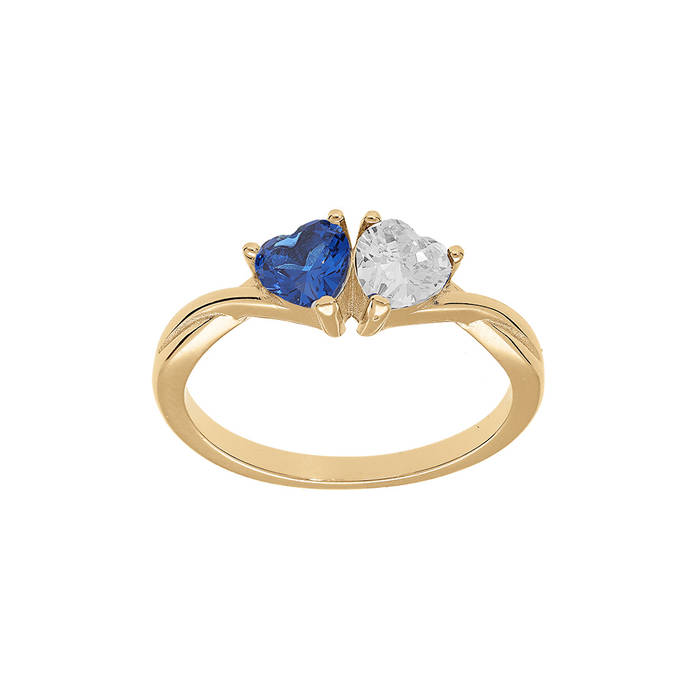 Bague en vermeil double coeur avec oxyde bleu fonc� et blanc - Vue 1