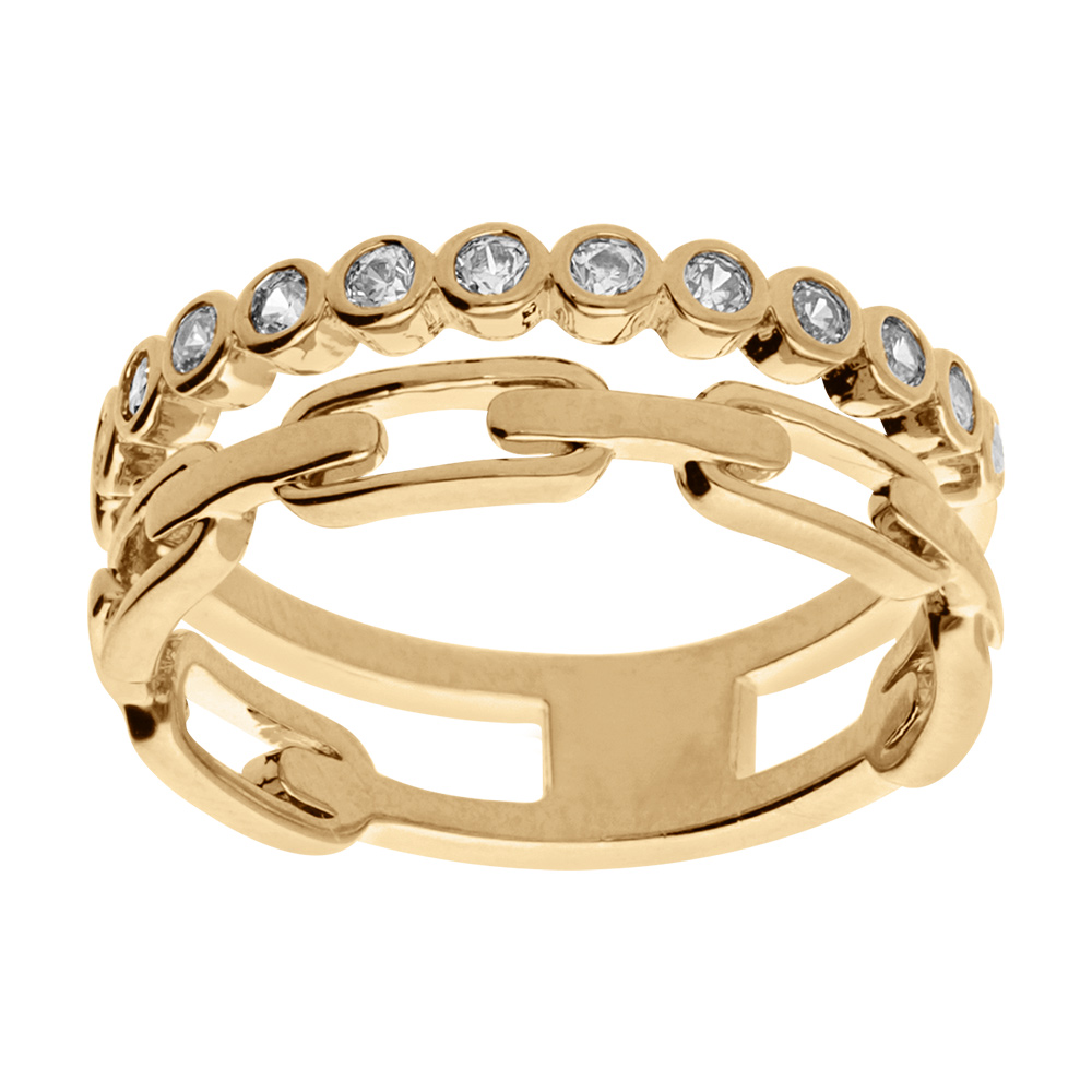 Bague en vermeil double ligne avec oxydes blancs sertis et maille rectangulaire - Vue 1
