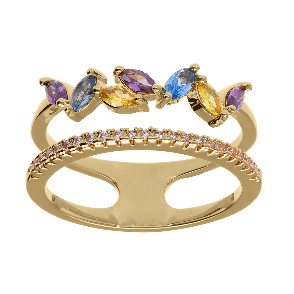Bague en vermeil double rang avec oxydes violet bleu et jaune - Vue 1