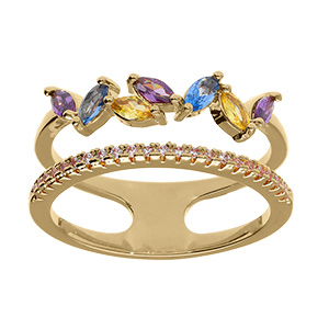 Bague en vermeil double rang avec oxydes violet bleu et jaune
