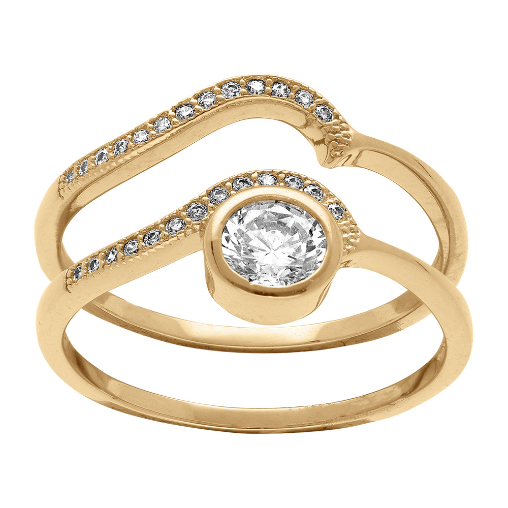 Bague en vermeil duo vague avec oxyde central et pavage d\'oxydes blancs sertis - Vue 1