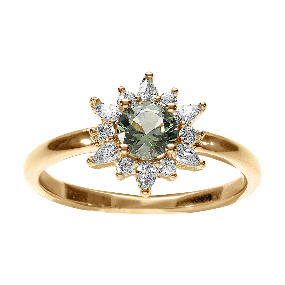 Bague en vermeil fleur avec oxyde vert et contour oxydes blancs - Vue 1