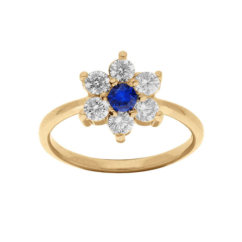 Bague en vermeil forme marguerite avec oxyde central bleu fonc� et contour oxydes blancs sertis - Vue 1