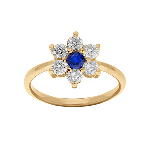 Bague en vermeil forme marguerite avec oxyde central bleu fonc et contour oxydes blancs sertis
