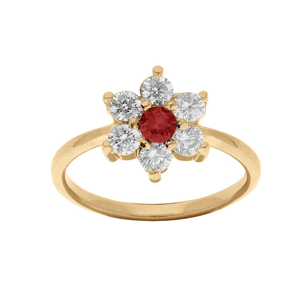 Bague en vermeil forme marguerite avec oxyde central rouge et contour oxydes blancs sertis - Vue 1