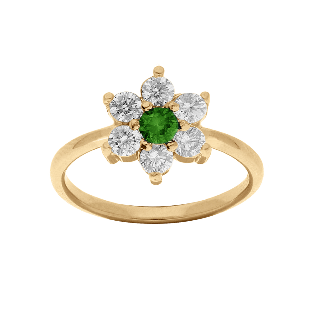 Bague en vermeil forme marguerite avec oxyde central vert et contour oxydes blancs sertis - Vue 1