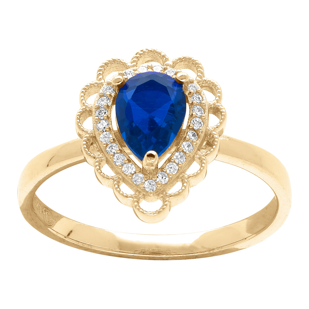 Bague en vermeil goutte oxyde bleu serti , halo dentel� d\'oxydes blancs - Vue 1