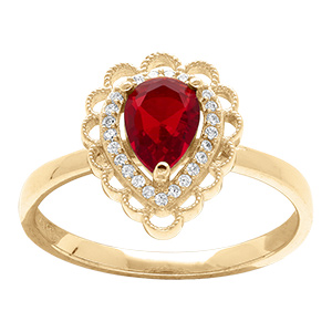 Bague en vermeil goutte oxyde rouge serti, halo dentel� d'oxydes blancs