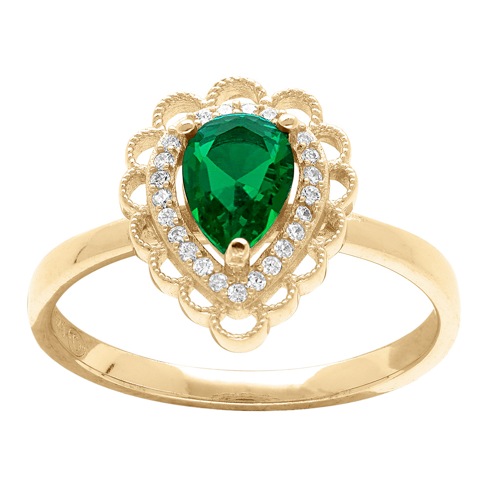 Bague en vermeil goutte oxyde vert serti , halo dentel� d\'oxydes blancs - Vue 1