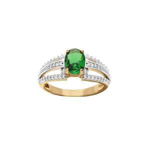 Bague en vermeil grand diamtre avec un oxyde central vert et 3 rails d\'oxydes blancs sertis - Vue 1