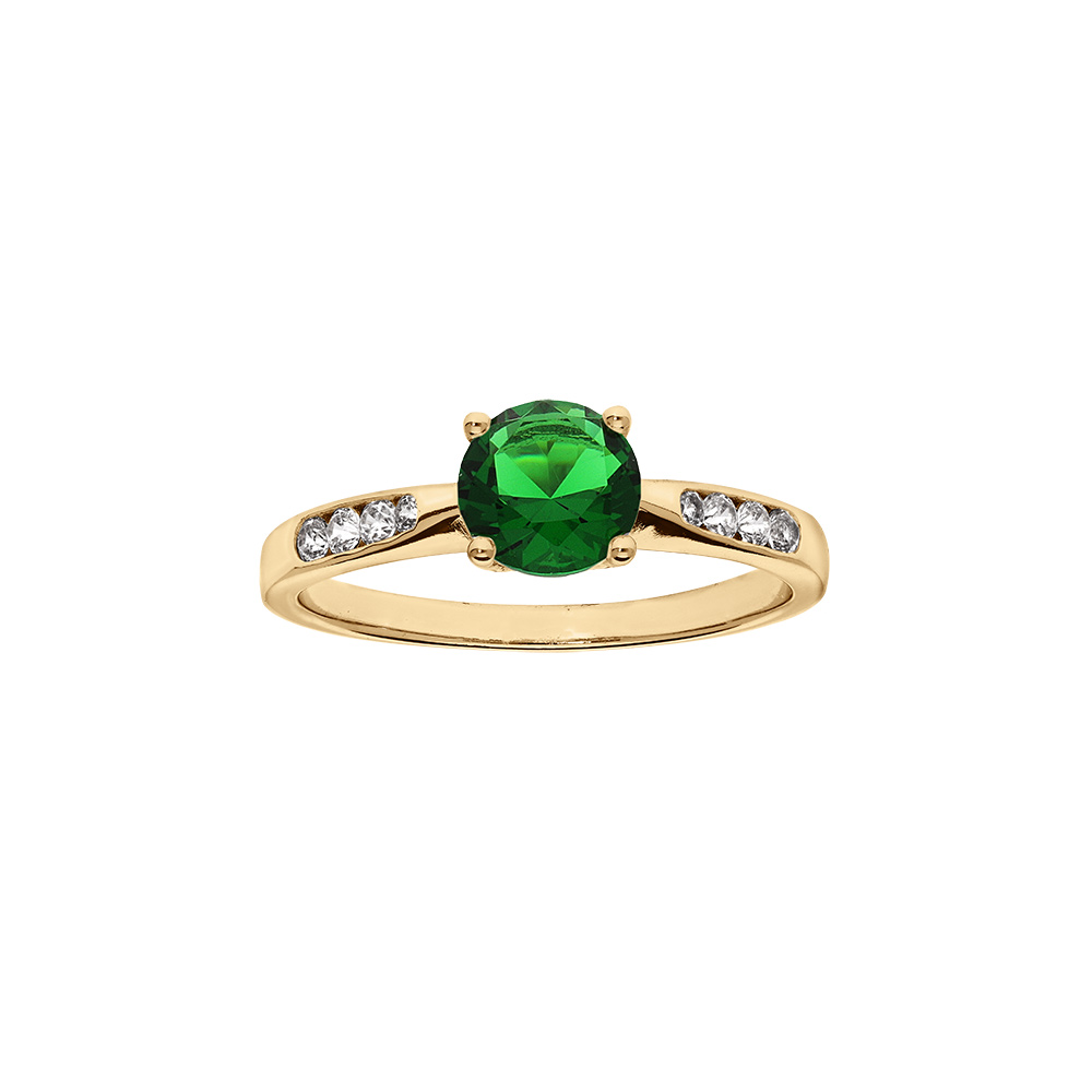 Bague en vermeil grand diamtre un oxyde vert serti 4 griffes et sertissage d\'oxydes blancs sur 1/2 anneau - Vue 1