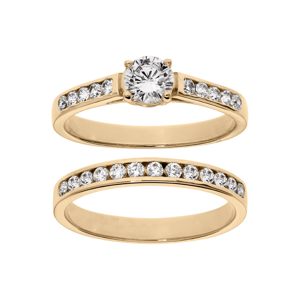 Bague en vermeil grand taille double anneau rail pierres blanches avec 1 solitaire blanc - Vue 1